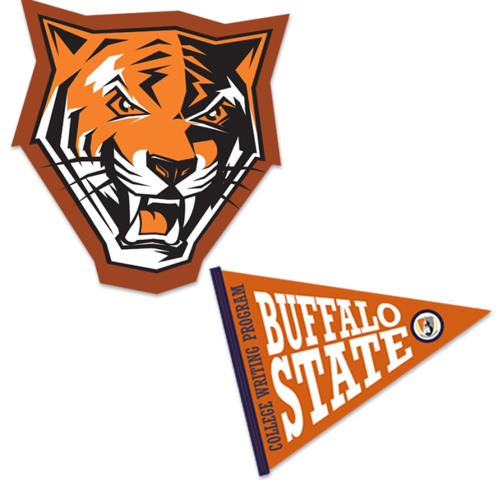 Examples of die-cut stickers a Buffalo State Bengals logo and a "Buffalo State Writing Program" pennant