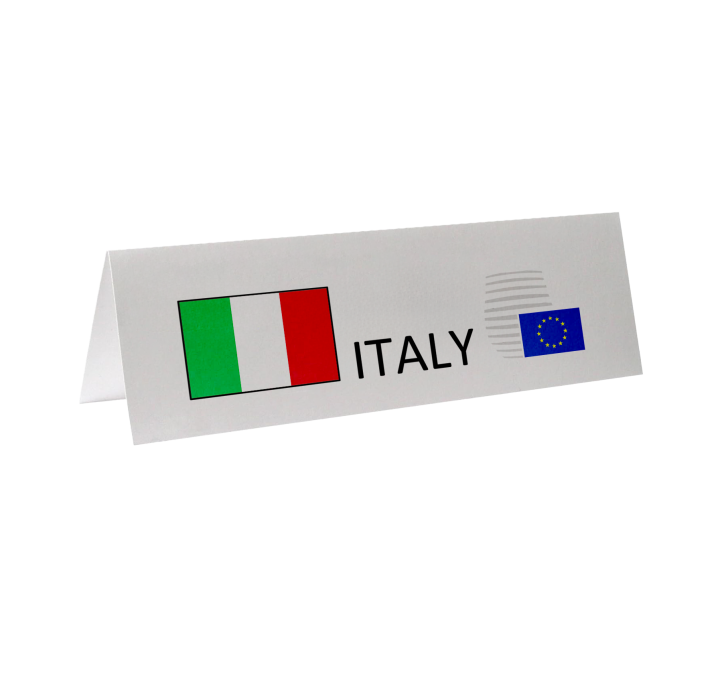 mock-up of a horizontal name tent card features the flag of Italy, the word "ITALY," and the European Union flag on a white background.