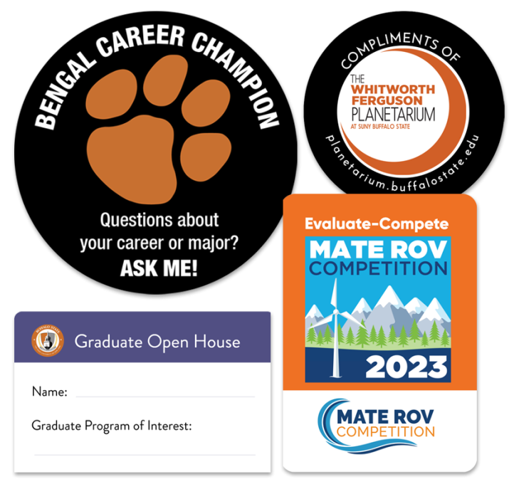 Examples of four different stickers and labels is shown, including a "Bengal Career Champion" sticker, a "Compliments of The Whitworth Ferguson Planetarium at SUNY Buffalo State" sticker, a "Graduate Open House" label, and a "MATE ROV Competition 2023" sticker.