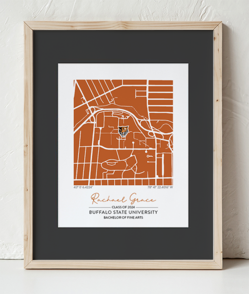 Buffalo State Map Design in a Wooden Frame with black border
