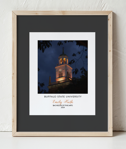 Buffalo State Rockwell Hall Tower Close-up Photo at night in a Wooden Frame with black border