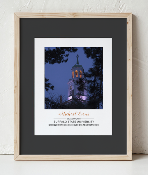 Buffalo State Rockwell Hall Tower Close-up Photo at night 2 in a Wooden Frame with black border