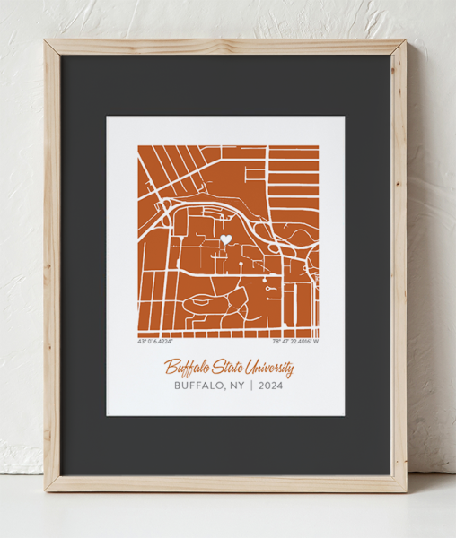 Buffalo State Map Design 2 in a Wooden Frame with black border