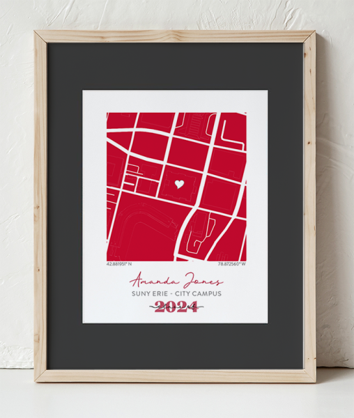 SUNY Erie Map Design in a Wooden Frame with black border