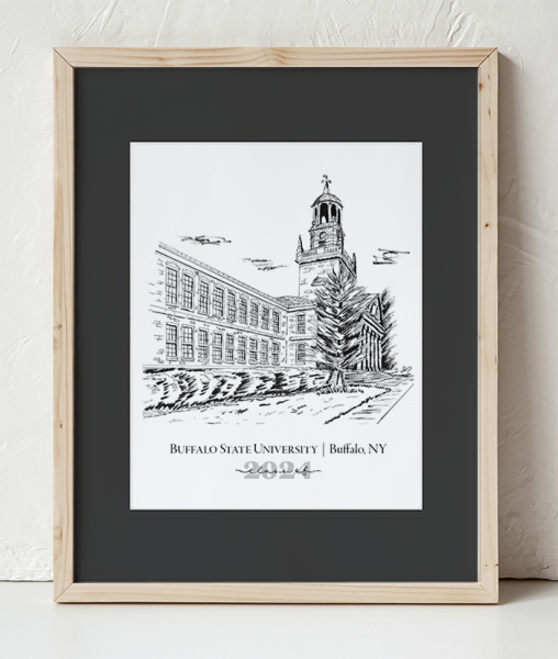 Buffalo State Rockwell Hall Design 2 in a Wooden Frame with black border