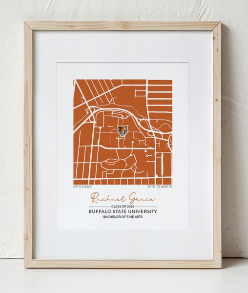 Buffalo State Map Design in a Wooden Frame with white border