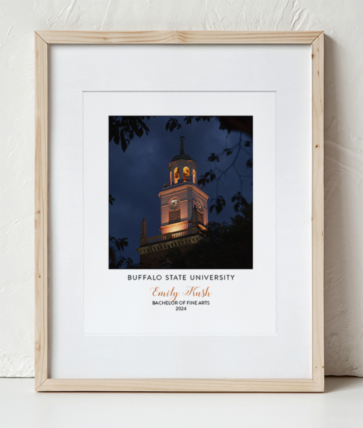 Buffalo State Rockwell Hall Tower Close-up Photo at night in a Wooden Frame with white border