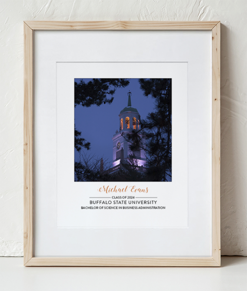 Buffalo State Rockwell Hall Tower Close-up Photo at night 2 in a Wooden Frame with white border