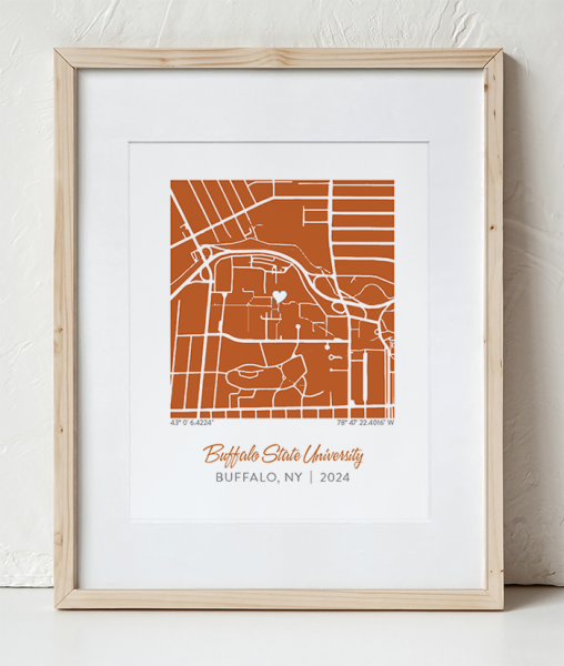 Buffalo State Map Design 2 in a Wooden Frame with white border