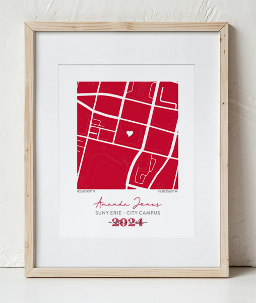 SUNY Erie Map Design in a Wooden Frame with white border