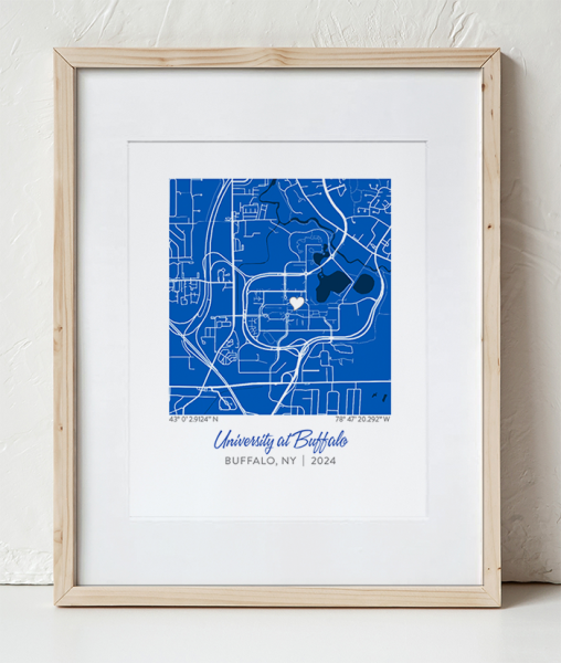 University at Buffalo Map Design in a Wooden Frame with white border